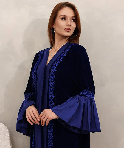 Zulal Two-Piece Navy Blue Velvet Kaftan with Pleated Sleeves | House of Shopie