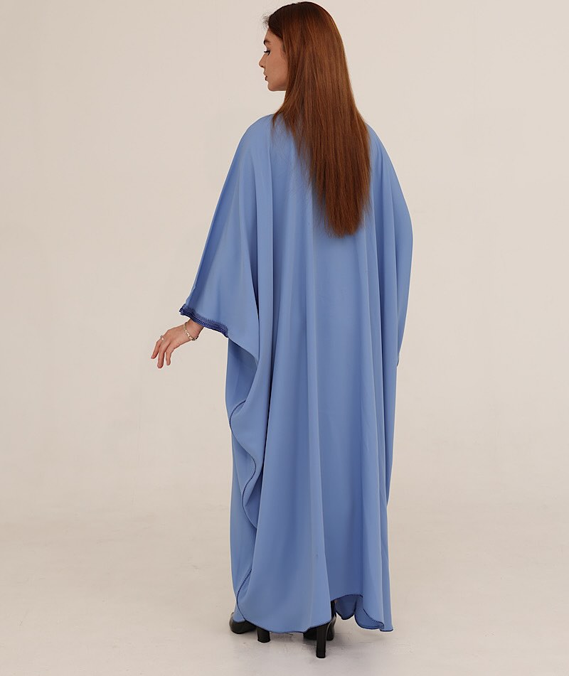 Zulal Flowing Light Blue Farasha Kaftan with Navy Embroidery | House of Shopie