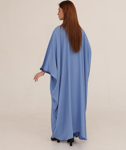 Zulal Flowing Light Blue Farasha Kaftan with Navy Embroidery | House of Shopie