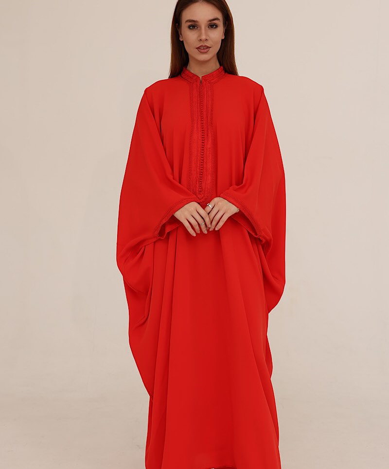 Zulal Flowing Red Farasha Kaftan with Tonal Embroidery | House of Shopie