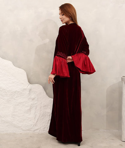 Zulal Two-Piece Velvet Kaftan Set - Burgundy & Crimson Red | House of Shopie