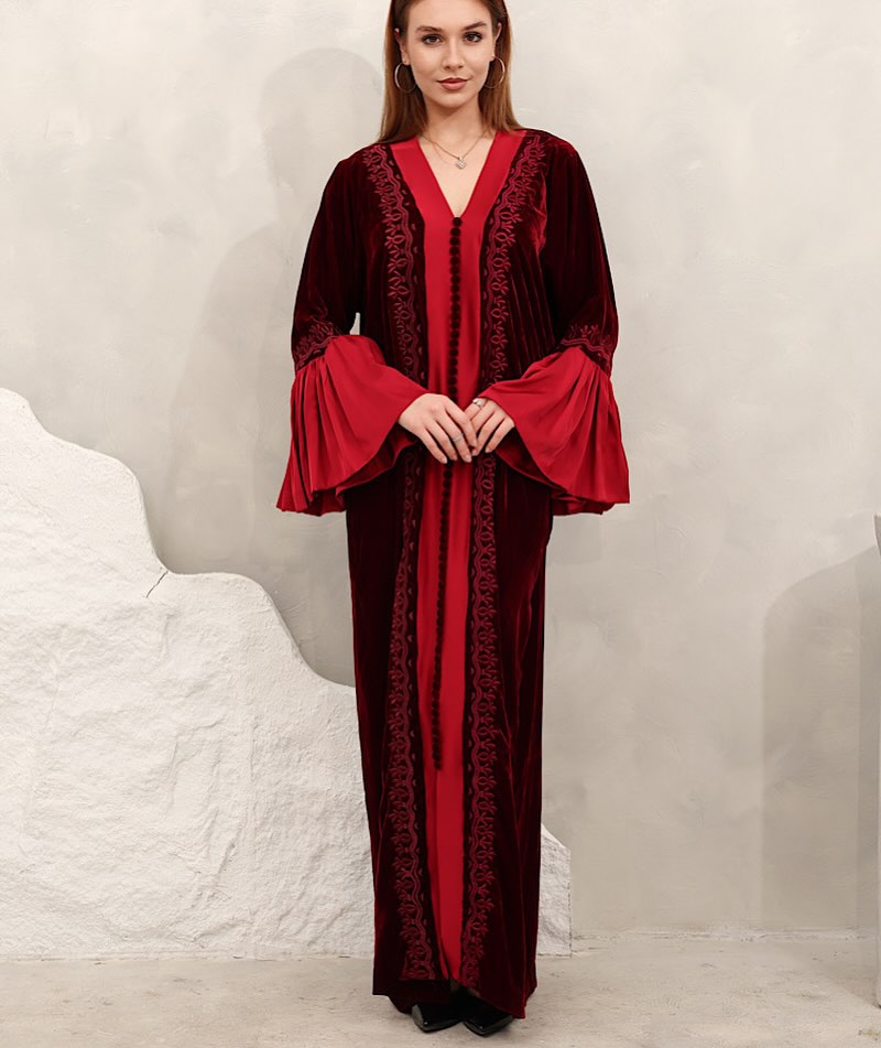Zulal Two-Piece Velvet Kaftan Set - Burgundy & Crimson Red | House of Shopie