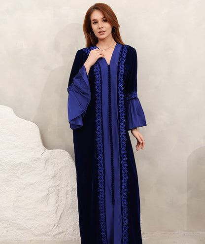 Zulal Two-Piece Navy Blue Velvet Kaftan with Pleated Sleeves | House of Shopie