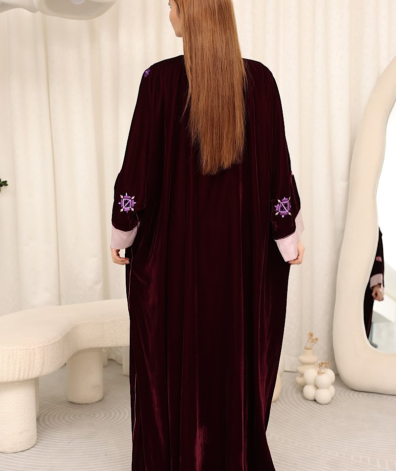 Zulal Embroidered Velvet Kaftan - Burgundy & Blush Pink | House of Shopie