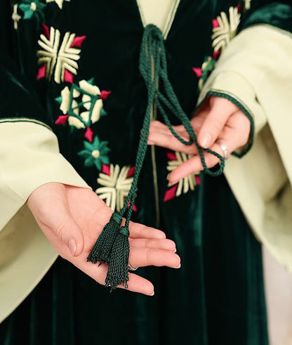 Zulal Two-Piece Velvet Kaftan Set - Emerald & Pistachio | House of Shopie