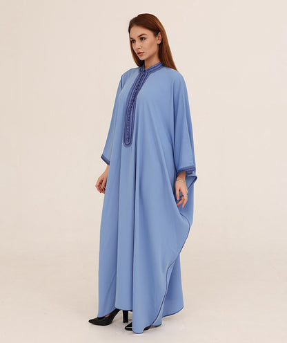 Zulal Flowing Light Blue Farasha Kaftan with Navy Embroidery | House of Shopie