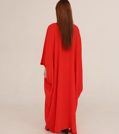 Zulal Flowing Red Farasha Kaftan with Tonal Embroidery | House of Shopie