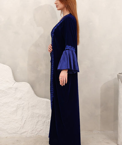 Zulal Two-Piece Navy Blue Velvet Kaftan with Pleated Sleeves | House of Shopie