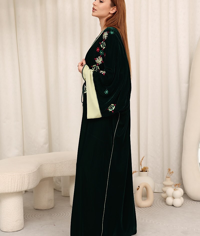 Zulal Two-Piece Velvet Kaftan Set - Emerald & Pistachio | House of Shopie
