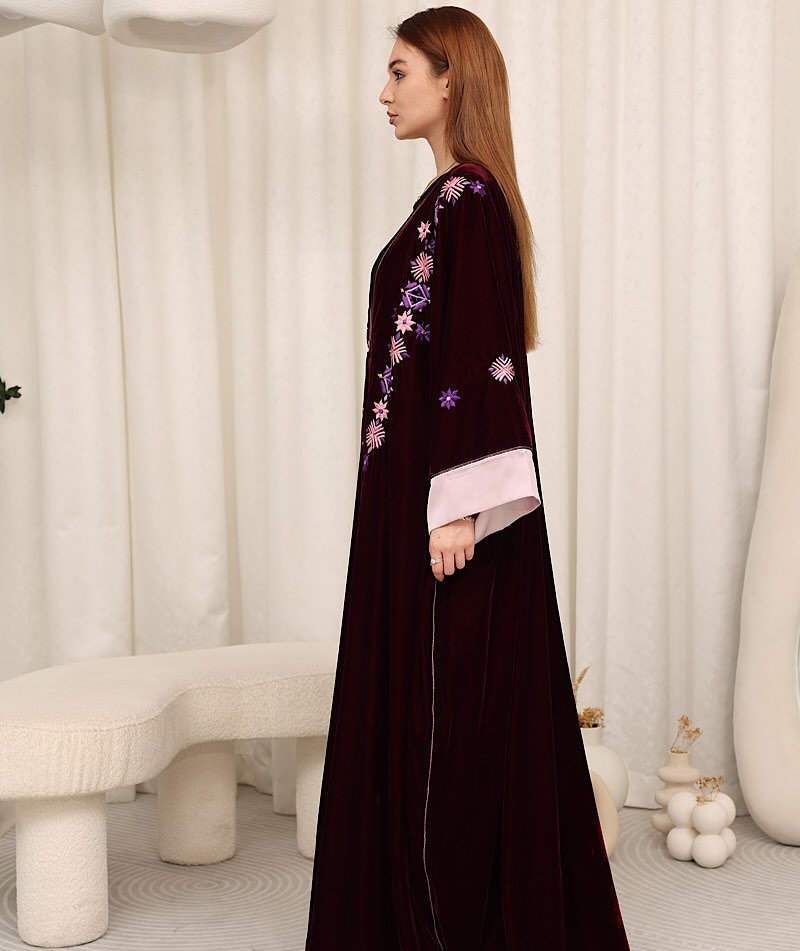 Zulal Embroidered Velvet Kaftan - Burgundy & Blush Pink | House of Shopie