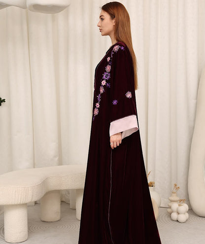 Zulal Embroidered Velvet Kaftan - Burgundy & Blush Pink | House of Shopie