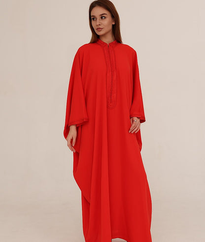 Zulal Flowing Red Farasha Kaftan with Tonal Embroidery | House of Shopie