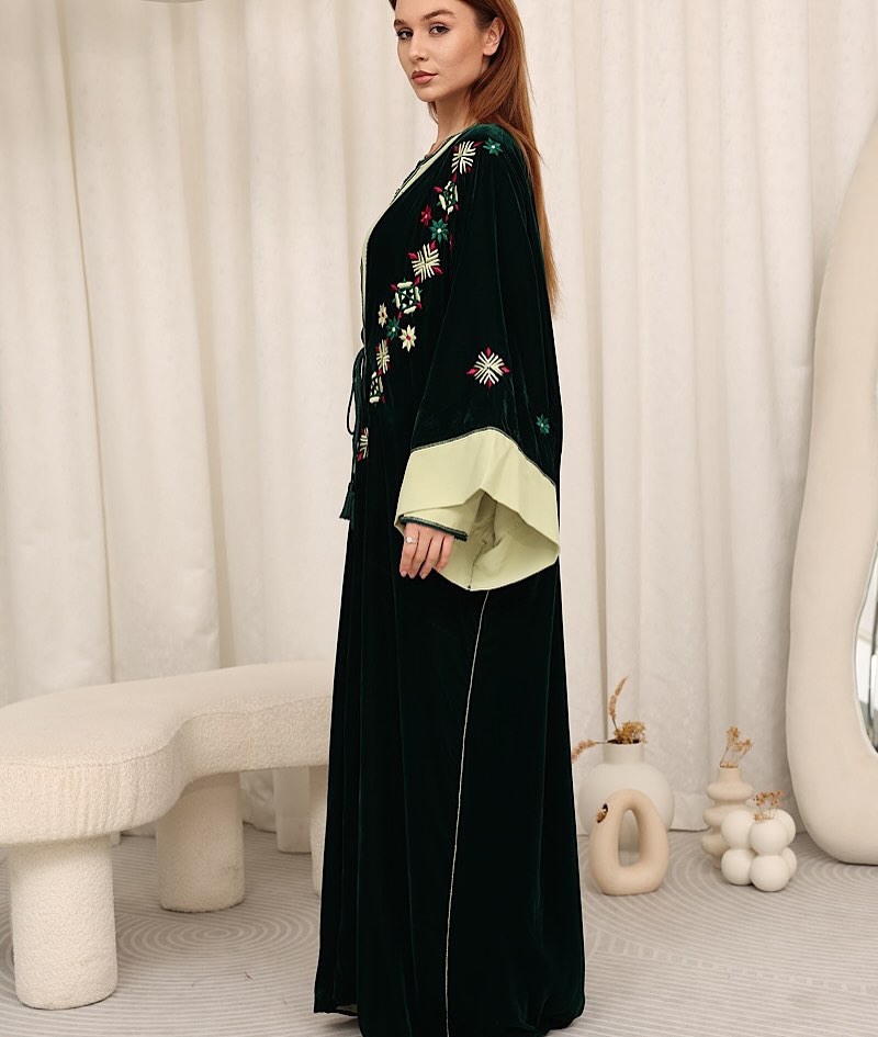Zulal Two-Piece Velvet Kaftan Set - Emerald & Pistachio | House of Shopie