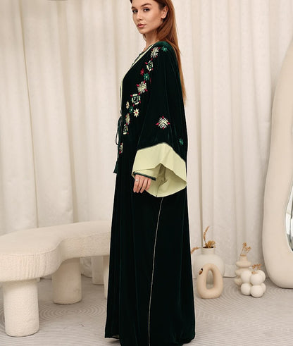 Zulal Two-Piece Velvet Kaftan Set - Emerald & Pistachio | House of Shopie