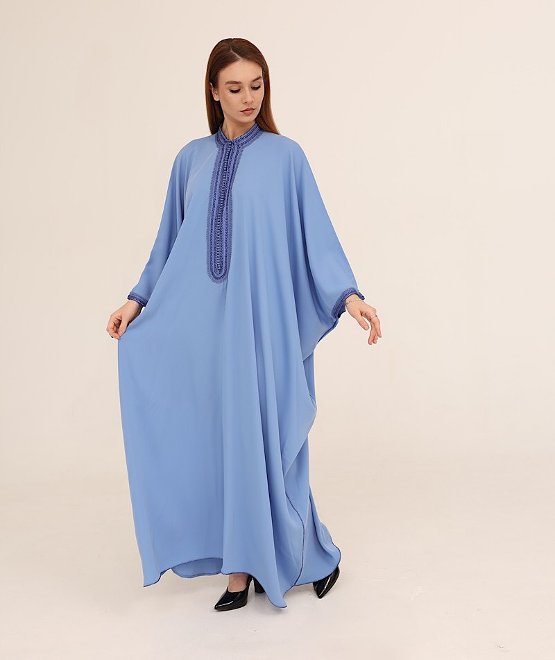 Zulal Flowing Light Blue Farasha Kaftan with Navy Embroidery | House of Shopie