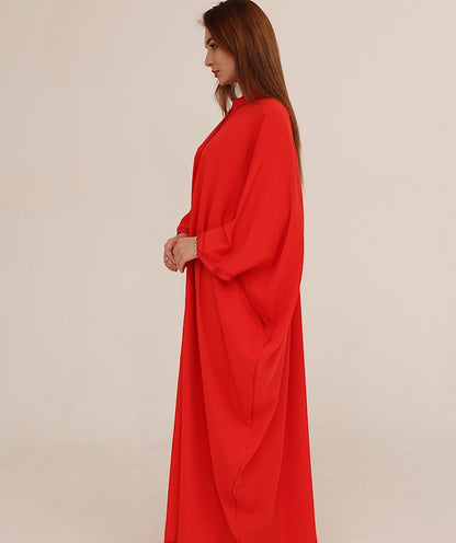 Zulal Flowing Red Farasha Kaftan with Tonal Embroidery | House of Shopie