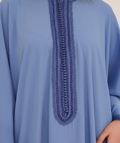 Zulal Flowing Light Blue Farasha Kaftan with Navy Embroidery | House of Shopie