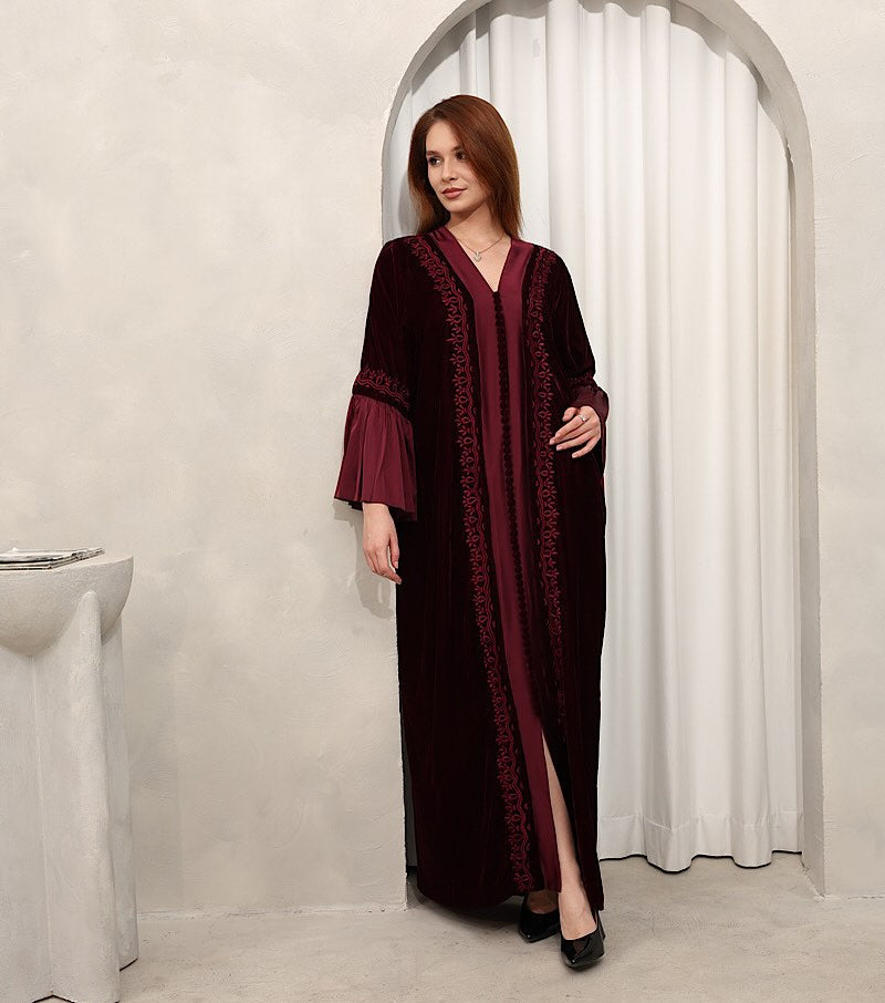 Zulal Two-Piece Burgundy Velvet Kaftan with Pleated Sleeves | House of Shopie