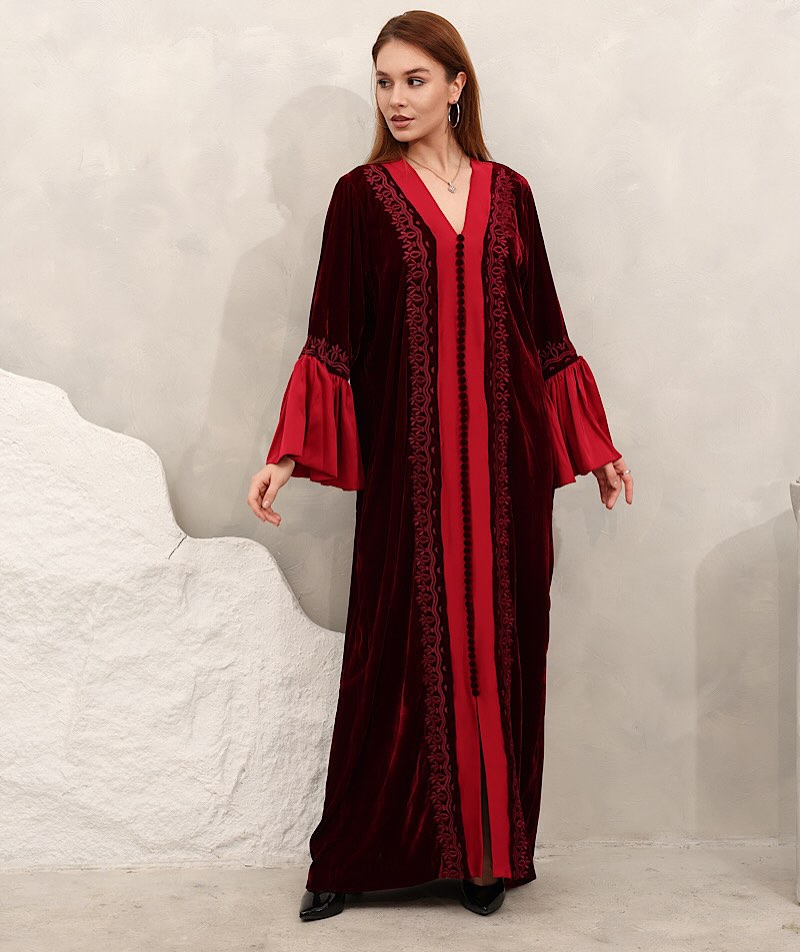 Zulal Two-Piece Velvet Kaftan Set - Burgundy & Crimson Red | House of Shopie