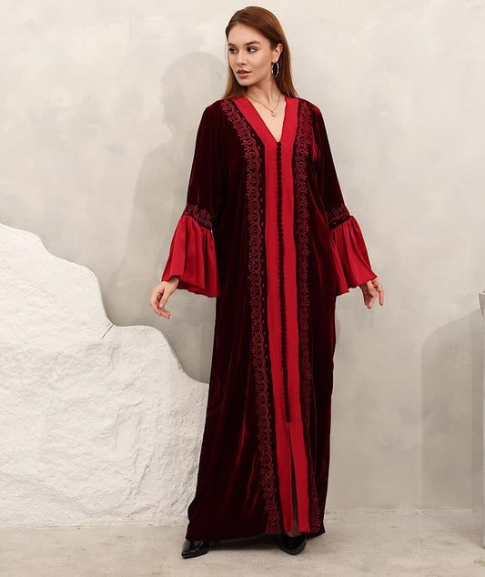 Zulal Two-Piece Velvet Kaftan Set - Burgundy & Crimson Red | House of Shopie