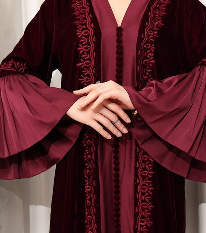 Zulal Two-Piece Burgundy Velvet Kaftan with Pleated Sleeves | House of Shopie