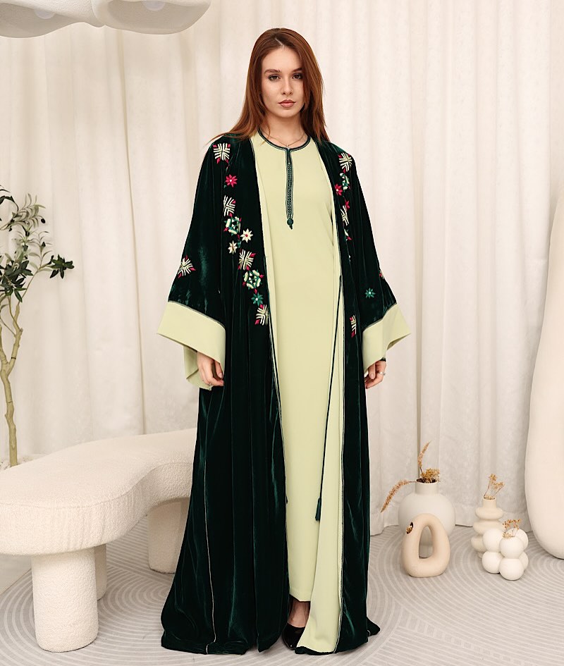 Zulal Two-Piece Velvet Kaftan Set - Emerald & Pistachio | House of Shopie