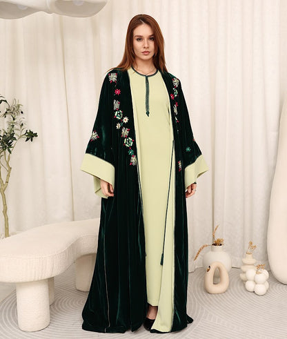 Zulal Two-Piece Velvet Kaftan Set - Emerald & Pistachio | House of Shopie
