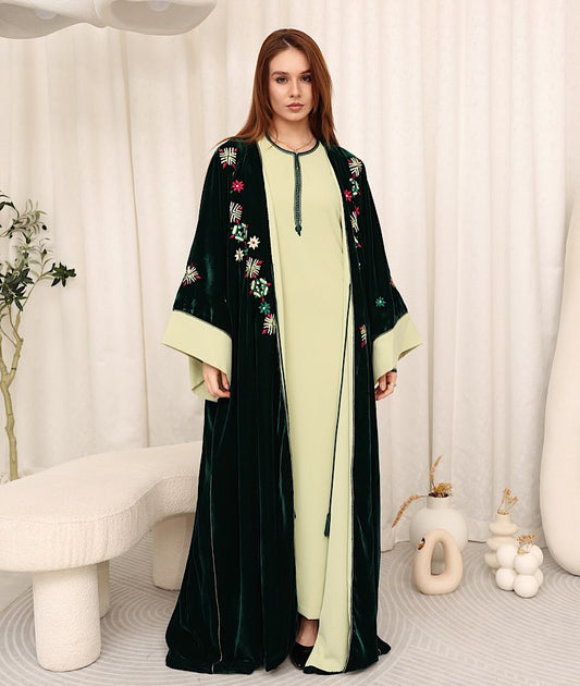 Zulal Two-Piece Velvet Kaftan Set - Emerald & Pistachio | House of Shopie